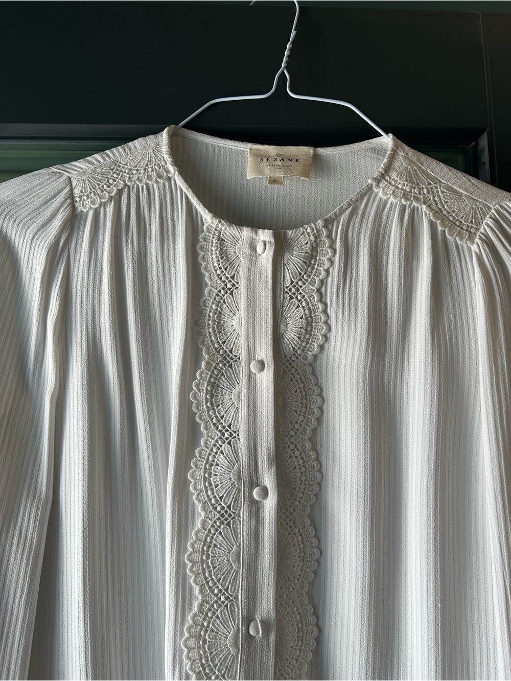 Sezane White Lace-Trim Pleated Button-Down Blouse - Picture 2 of 5